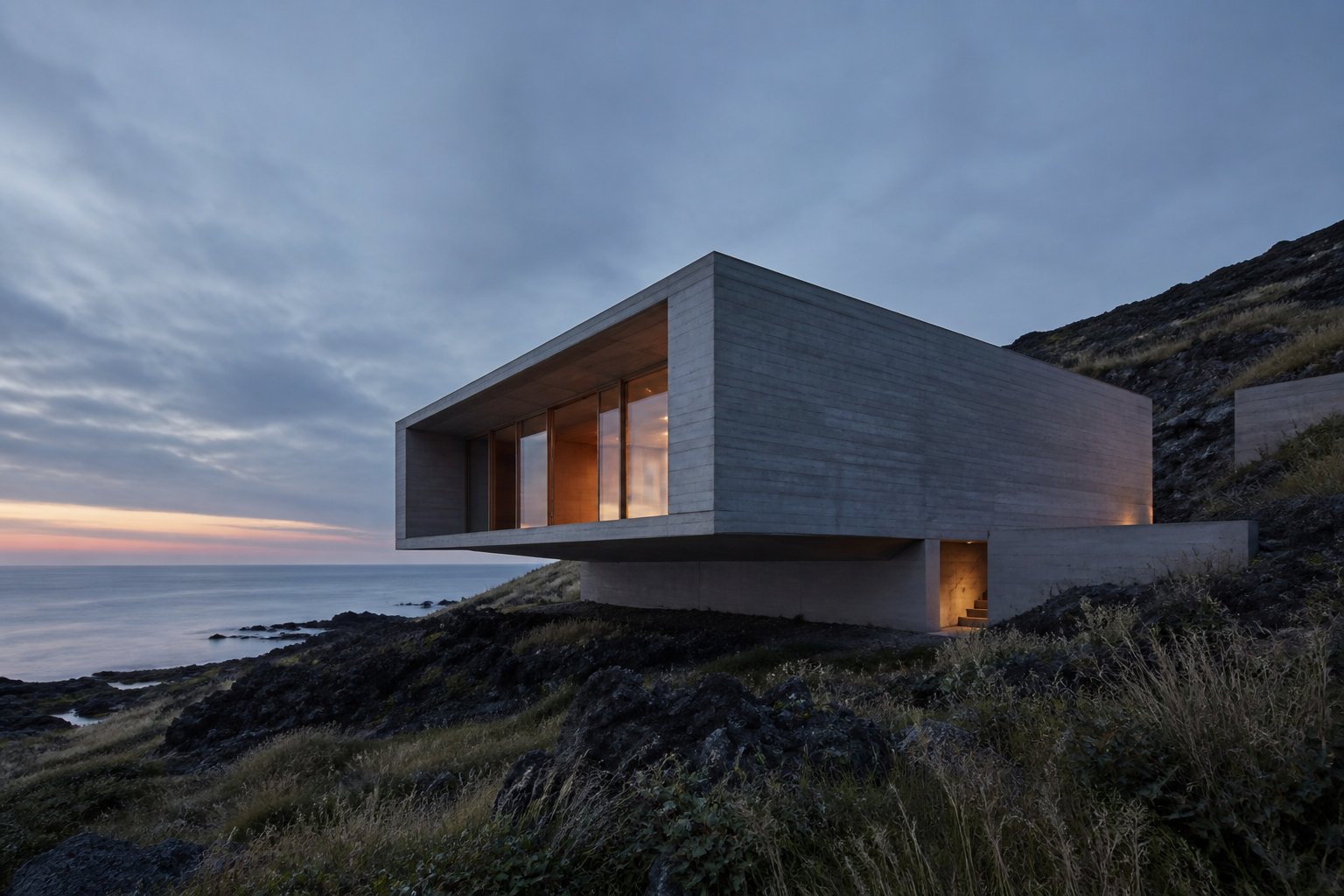 海に向かって開く静かなコンクリート建築