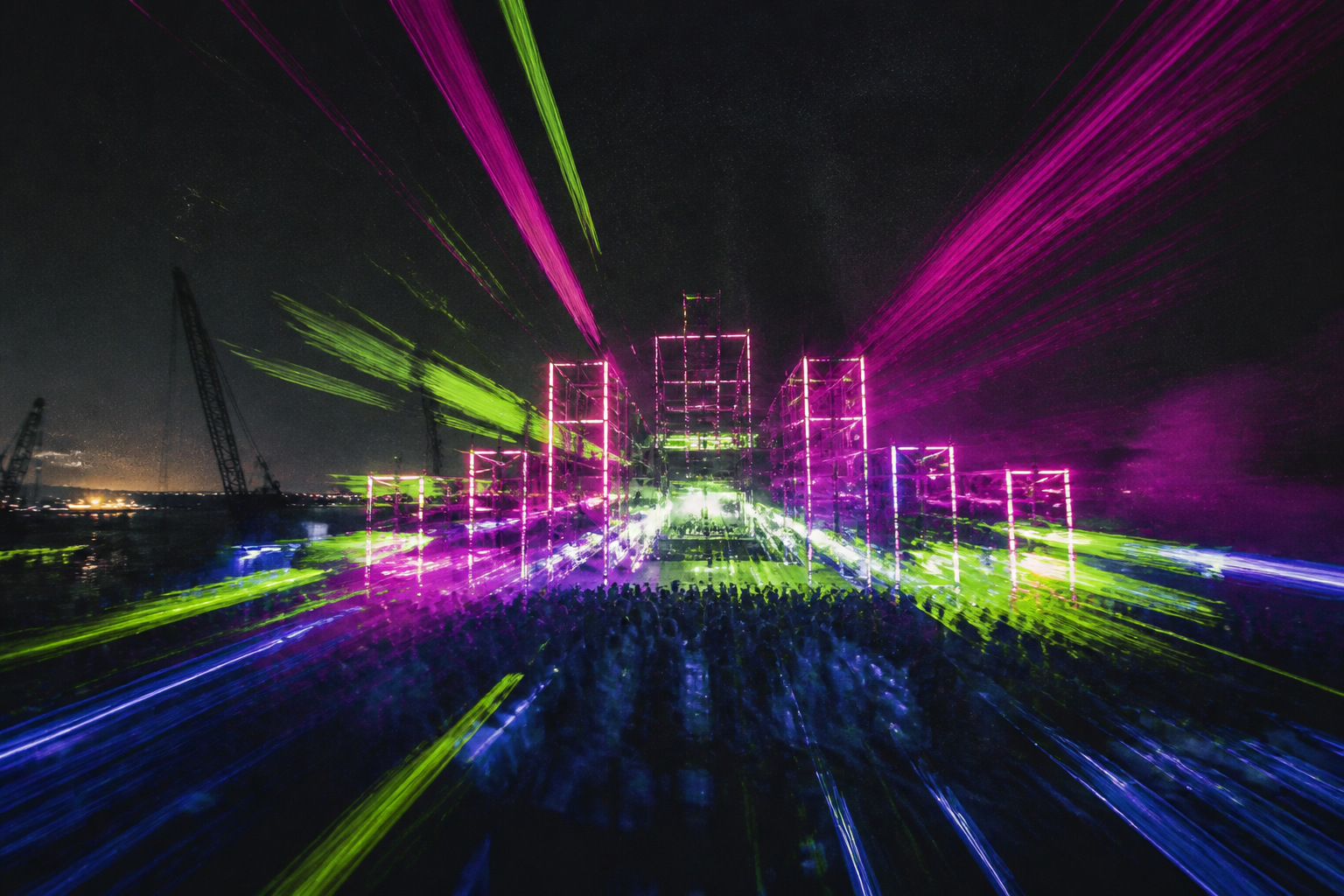 ネオン色の照明と観客が熱狂するNEON TIDE音楽祭のコンセプトビジュアル