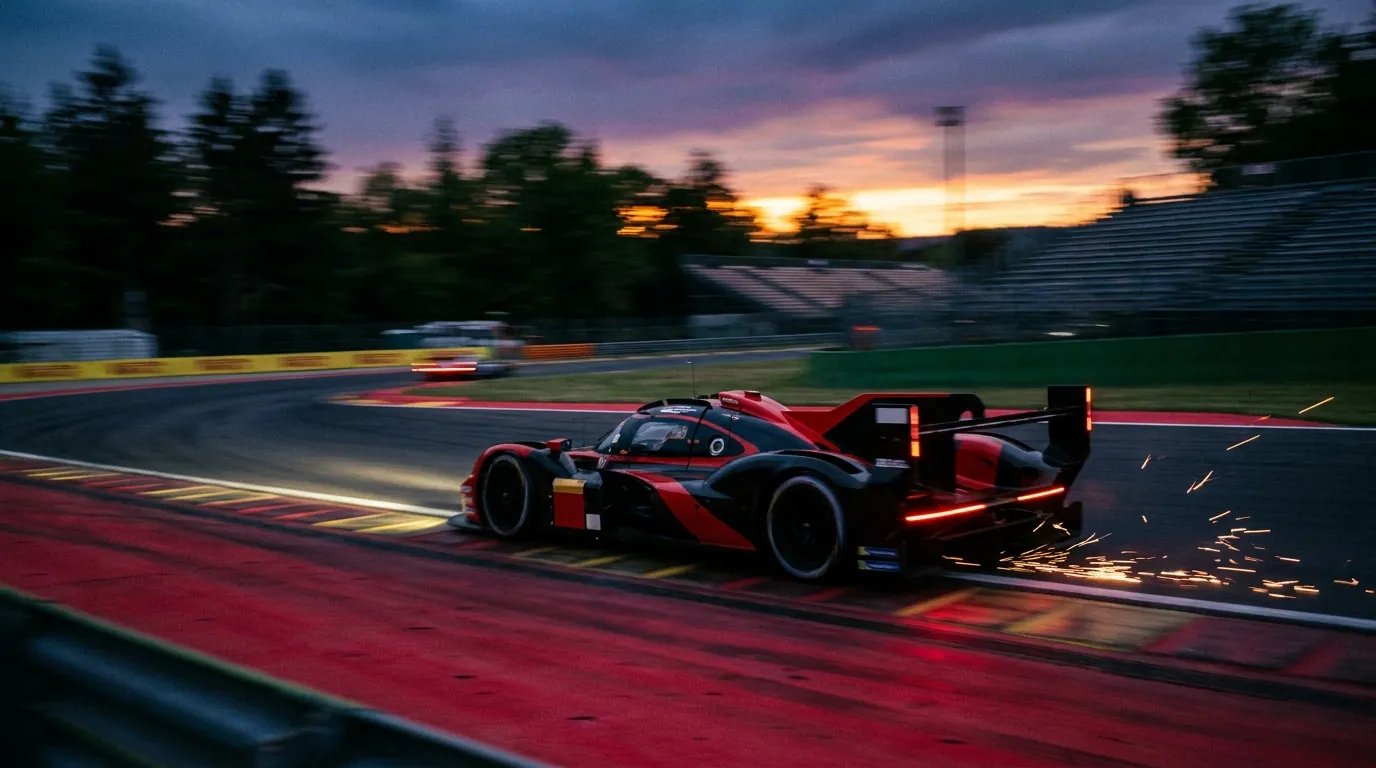 夕暮れのサーキットで火花を散らしながらコーナーを立ち上がるレーシングマシン
