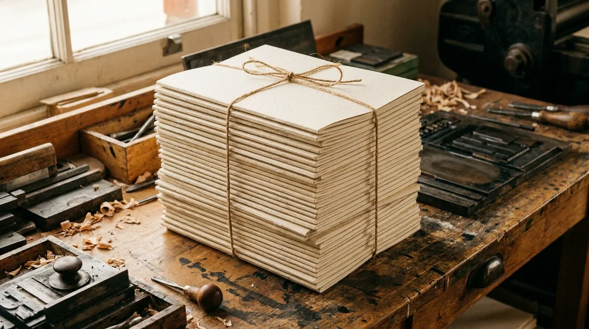紐でまとめて束ねられた、まだ書影のない見本の本の山