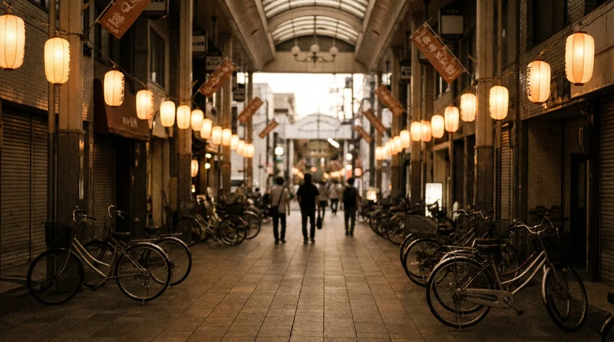 夕方、灯りがつき始めた商店街の通り