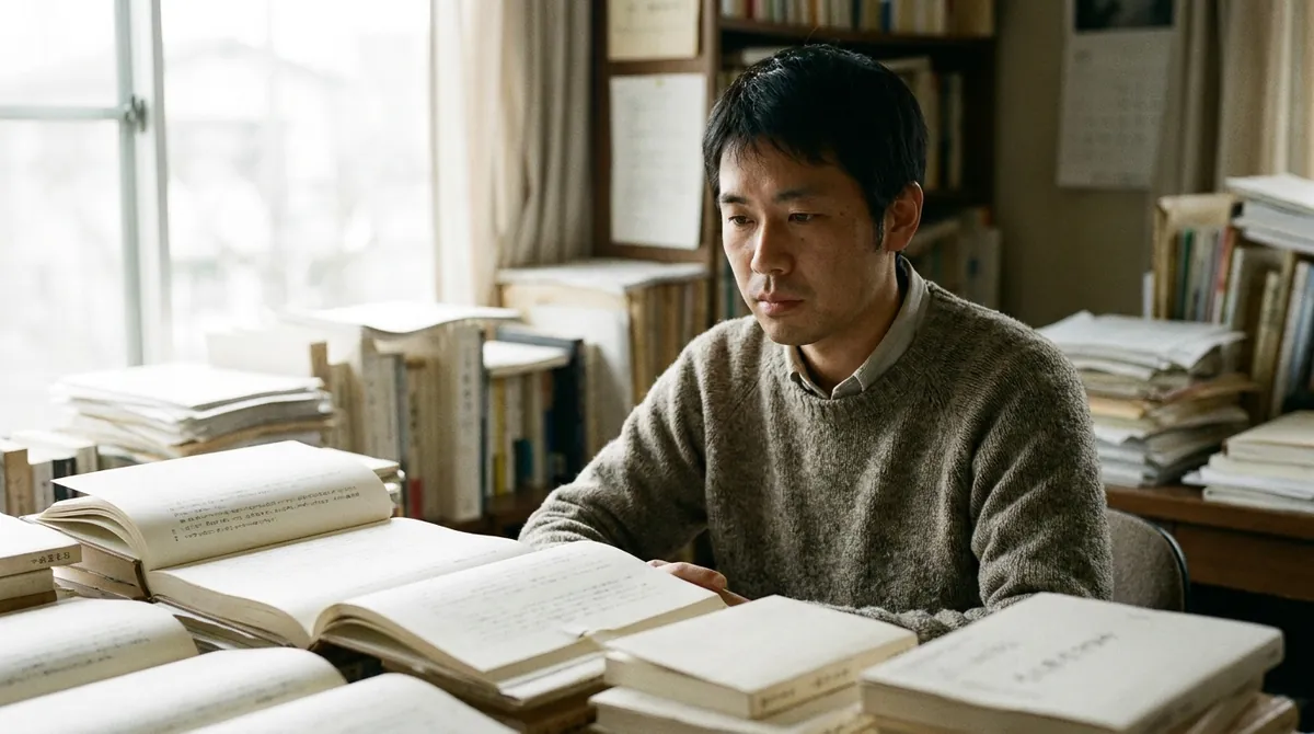 資料を積んだ机で本を読む小早川渉