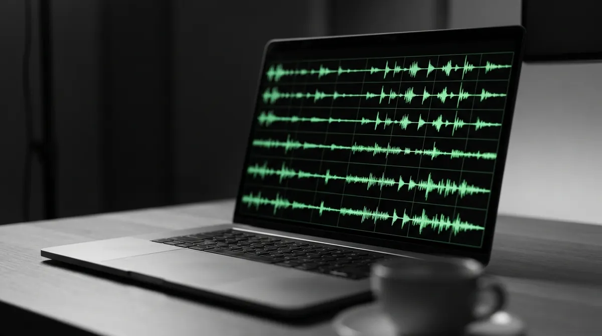 暗い部屋の机に置かれたノートパソコンの画面いっぱいに、蛍光グリーンの音声波形が何段も並ぶ様子