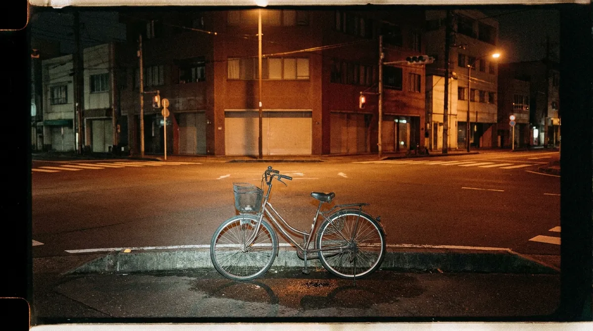 夜の交差点に停められた自転車を照らすフラッシュスナップ