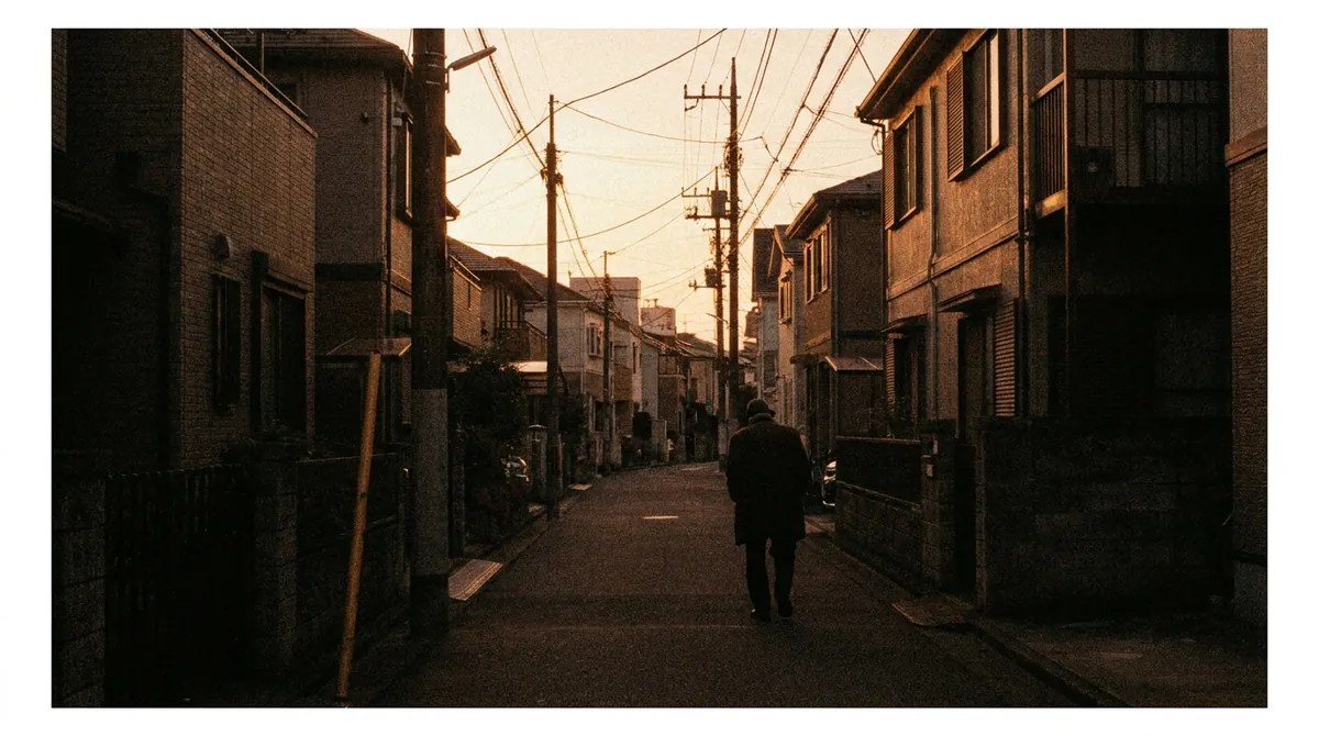 夕暮れの住宅街の路地を歩く人物の後ろ姿