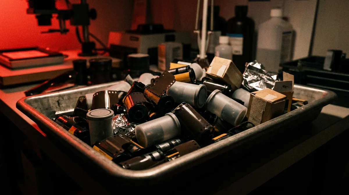 受付棚に積まれた未現像の35mmフィルムロールの山