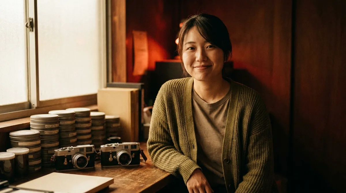 フィルムカメラとロール缶を前にした蓮見ゆかりのポートレート