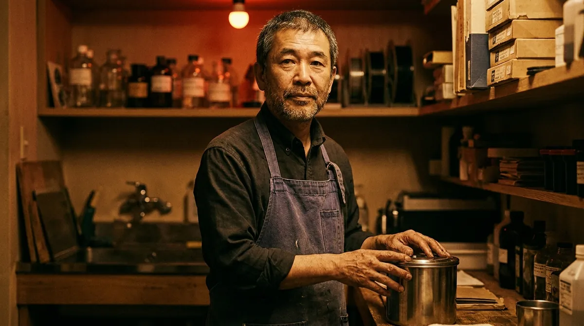 暗室で薬品缶を手にする十文字蓮の作業風景ポートレート