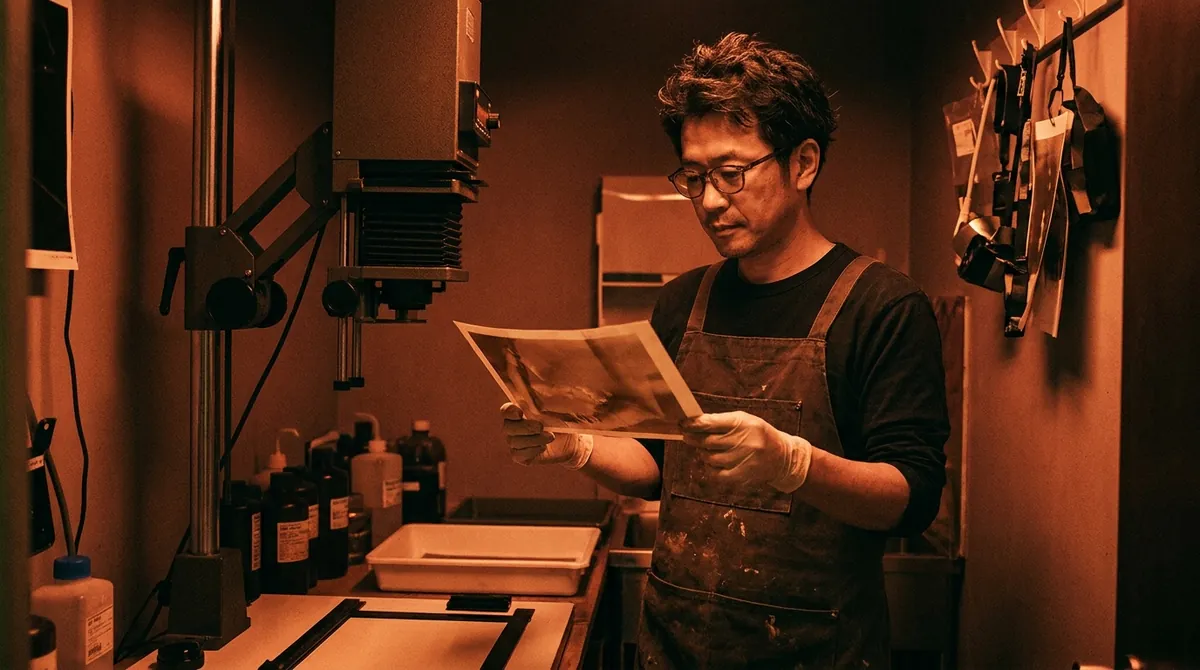 引き伸ばし機の前でプリントを確認する苗村悟の作業風景ポートレート