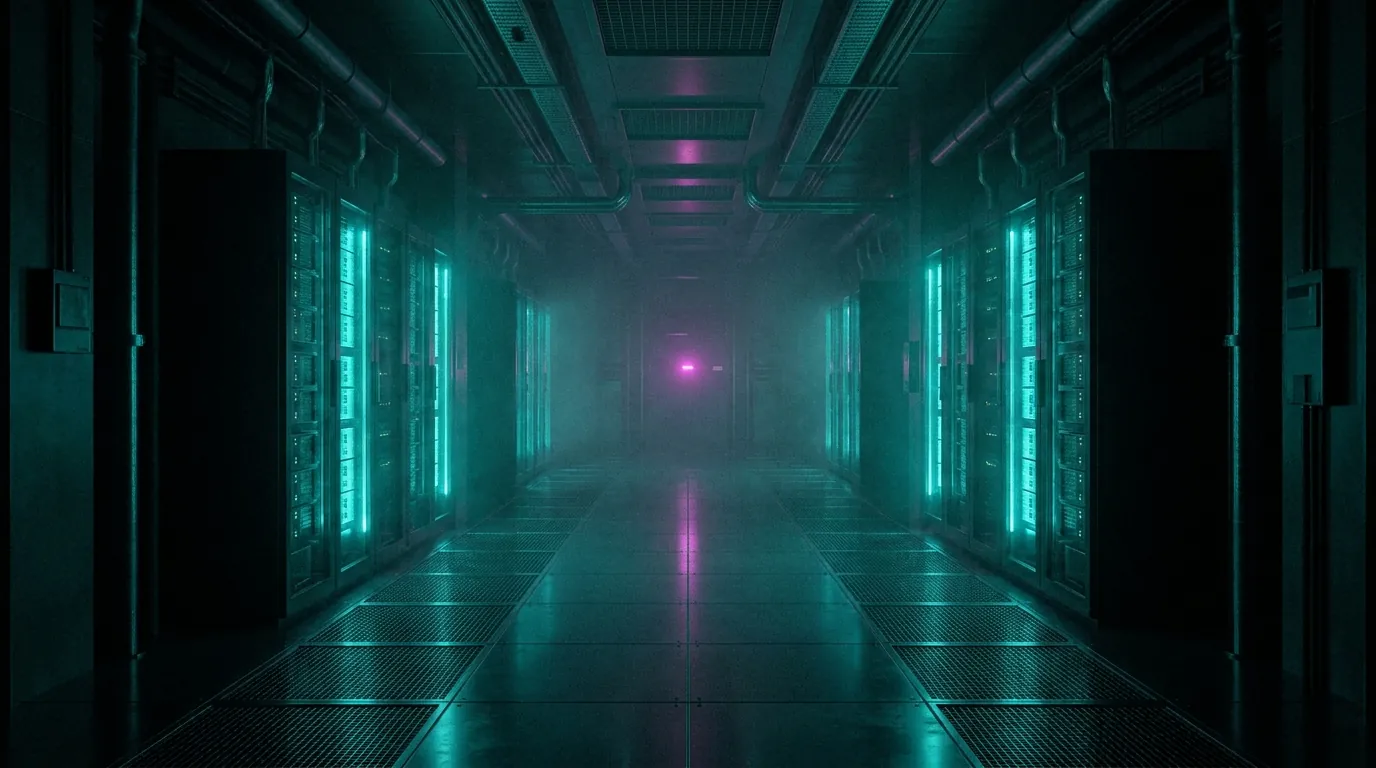 ティール色の光に照らされたサーバーラックの通路。奥にマゼンタの光が灯るデータセンターホール