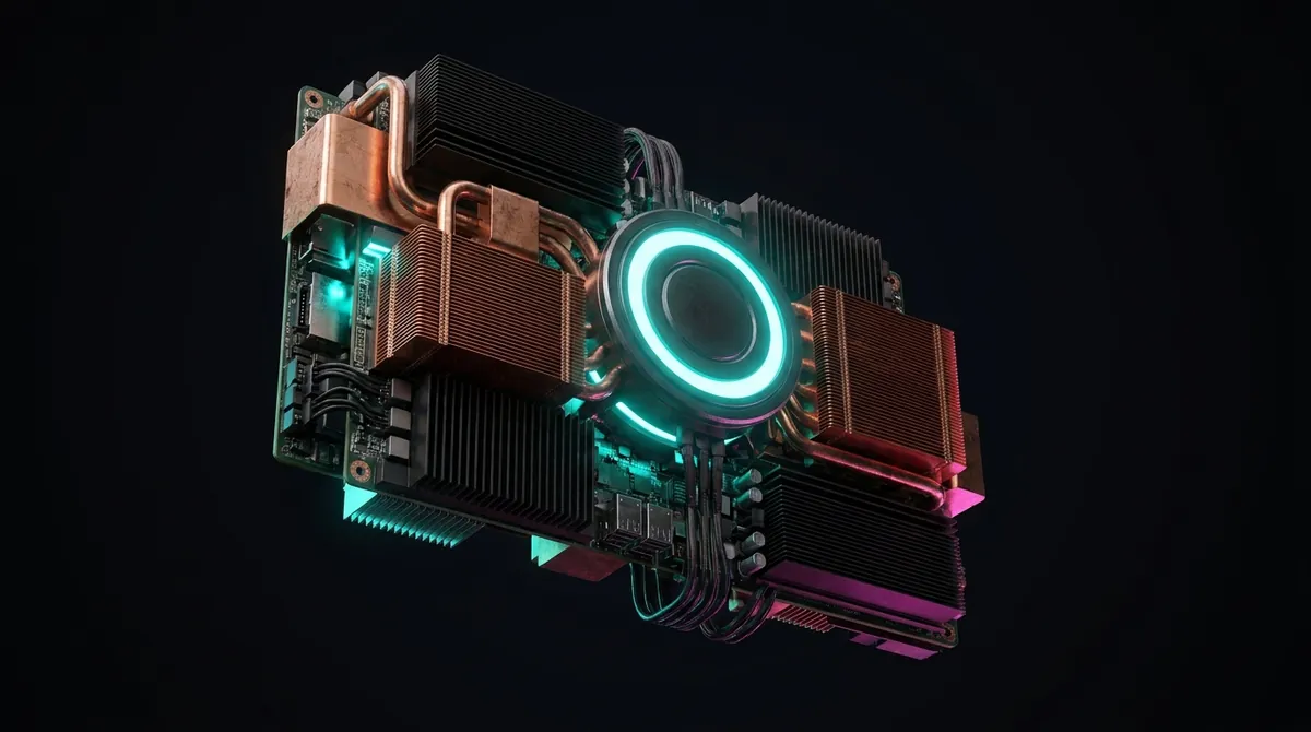 銅製ヒートパイプとティールのリングライトを備えた単体コンピュートノードモジュール