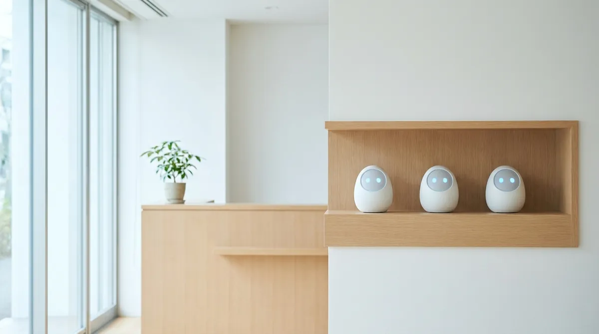 ショールームの受付そばの木製什器にKIBO R1が3台並べて展示されている、明るく落ち着いた店内の様子
