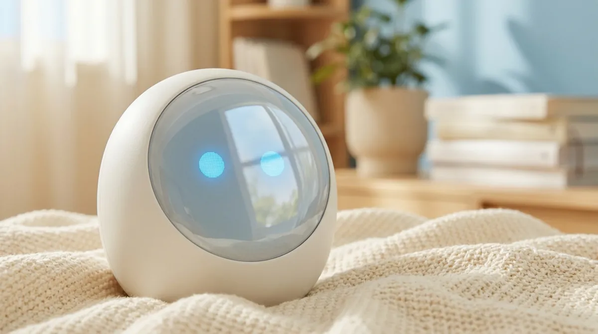 KIBO R1の顔のアップ。青く光る2つの目とゆるやかな曲線のボディ