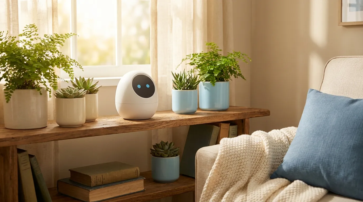 明るいリビングの棚の上に置かれた白い卵形のロボットKIBO R1。丸みのあるボディに青い目がやさしく光っている
