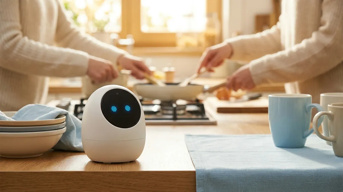 キッチンカウンターの上に置かれたKIBO R1。日中の家事の合間に使われている様子