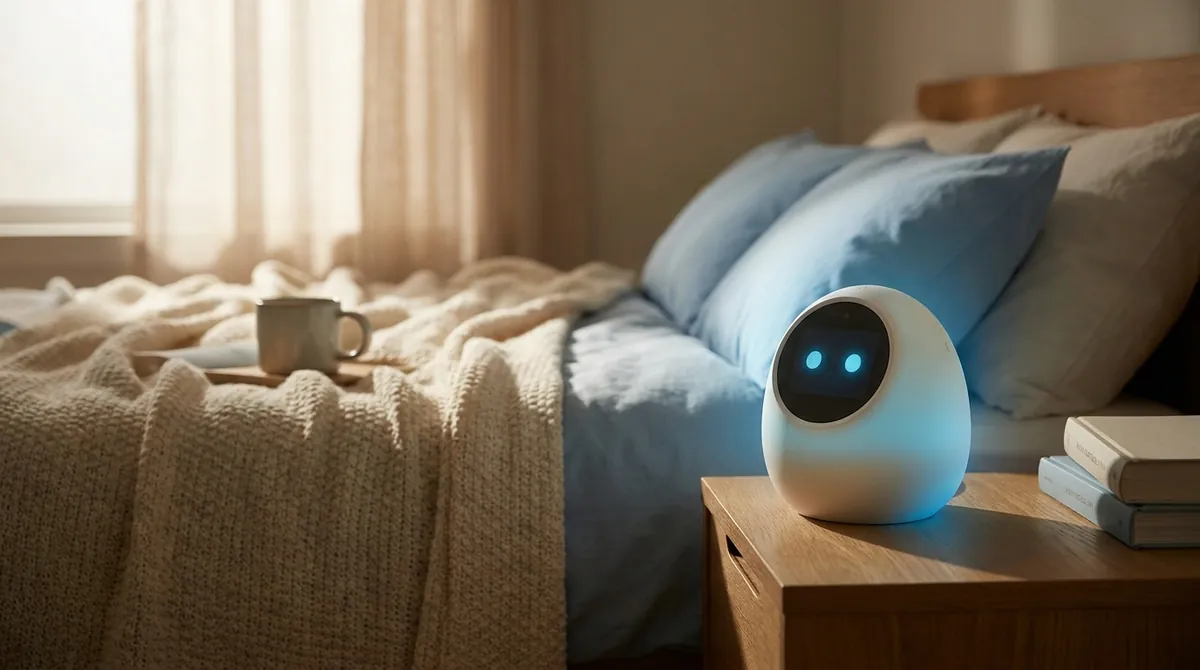 常夜灯モードで薄く光るKIBO R1。暗い部屋の中でやわらかい光だけが灯っている