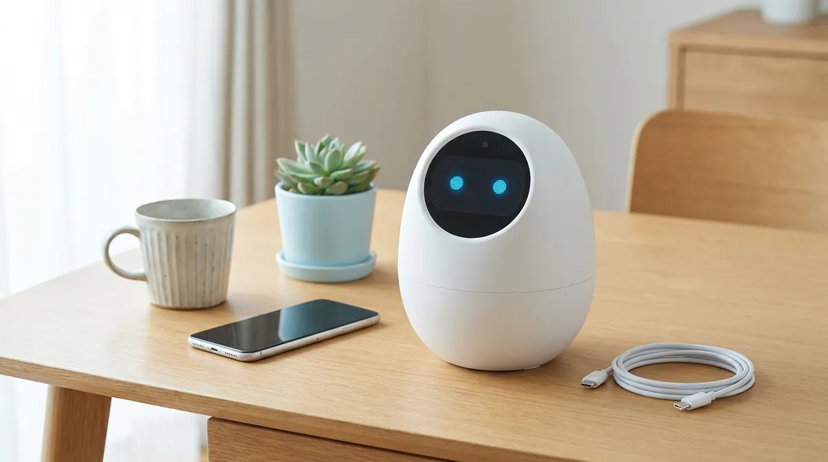 木製テーブルの上に置かれたKIBO R1本体。隣に並んだマグカップ・多肉植物・スマートフォンと比べた大きさのイメージ