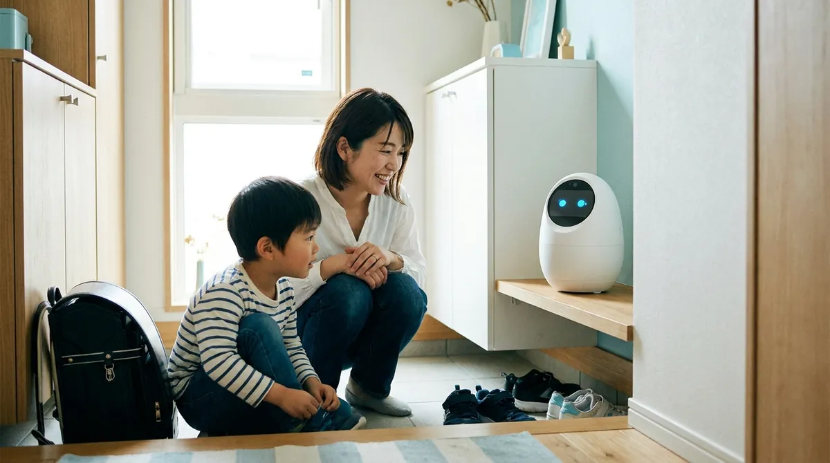 玄関で子どもの身支度を見守りながらKIBO R1のリマインドを受け取る親子のイメージ(架空)