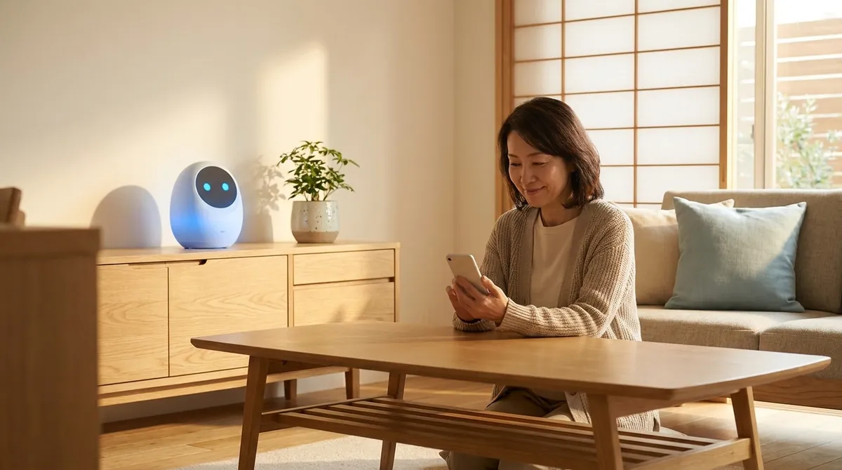 リビングでスマートフォンの通知を確認しながらKIBO R1の見守りを見守る女性のイメージ(架空)