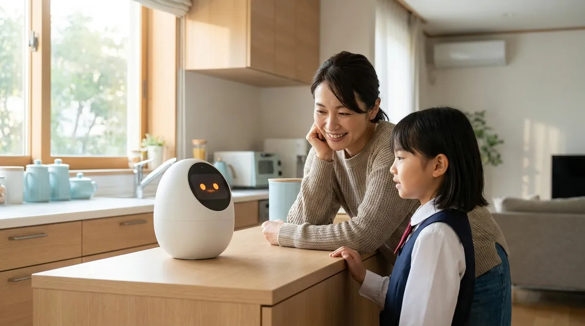 キッチンでKIBO R1に話しかける母親と娘。伝言を吹き込んでいる様子のイメージ(架空)