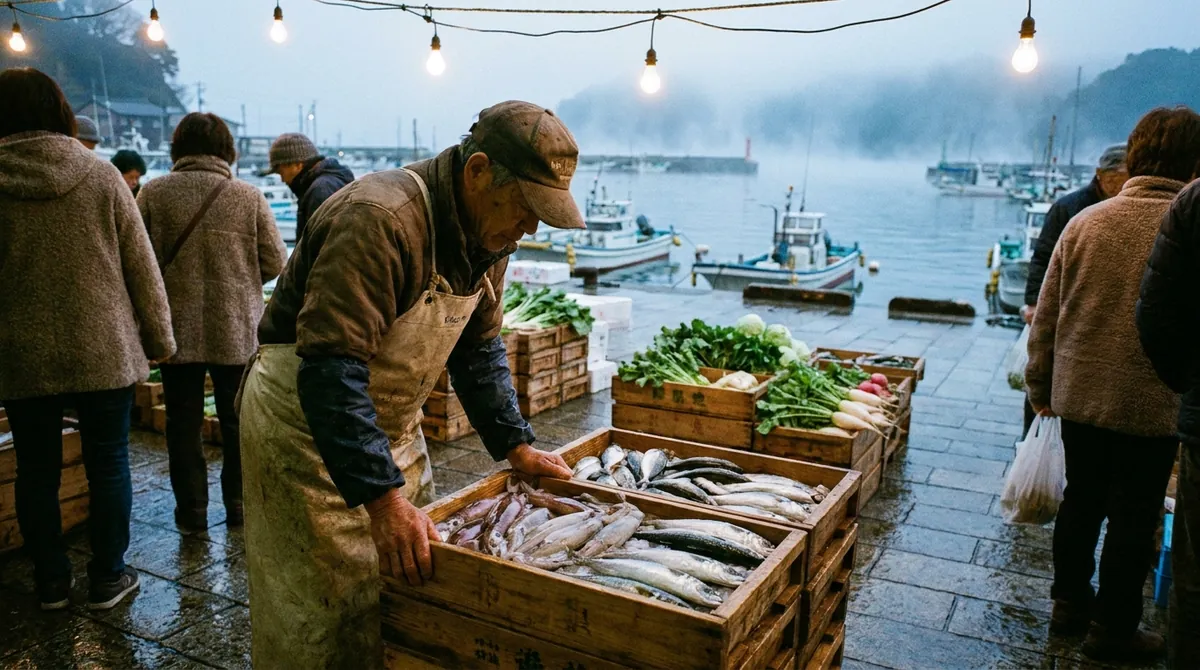 能登、朝霧の港で魚と野菜の木箱を仕分ける仲買人と朝市の人々