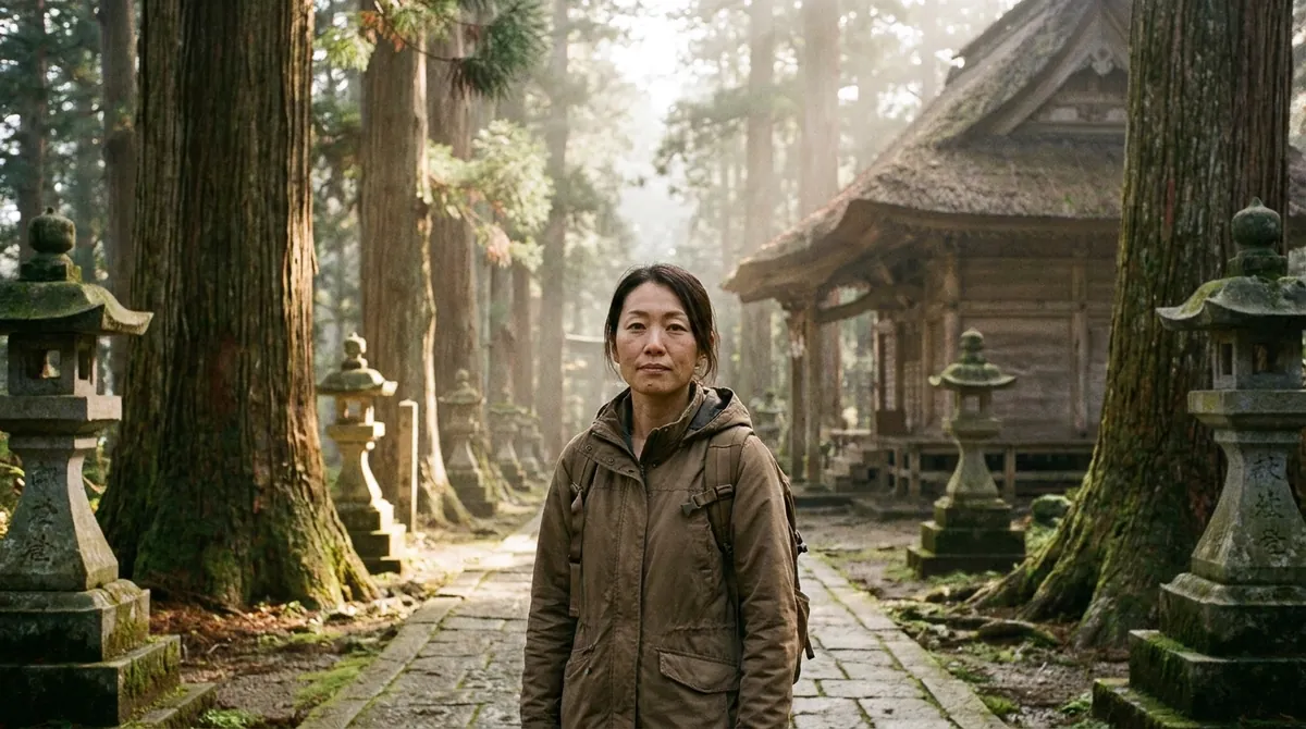 杉並木の参道に立つ現地コーディネーター 三雲静香