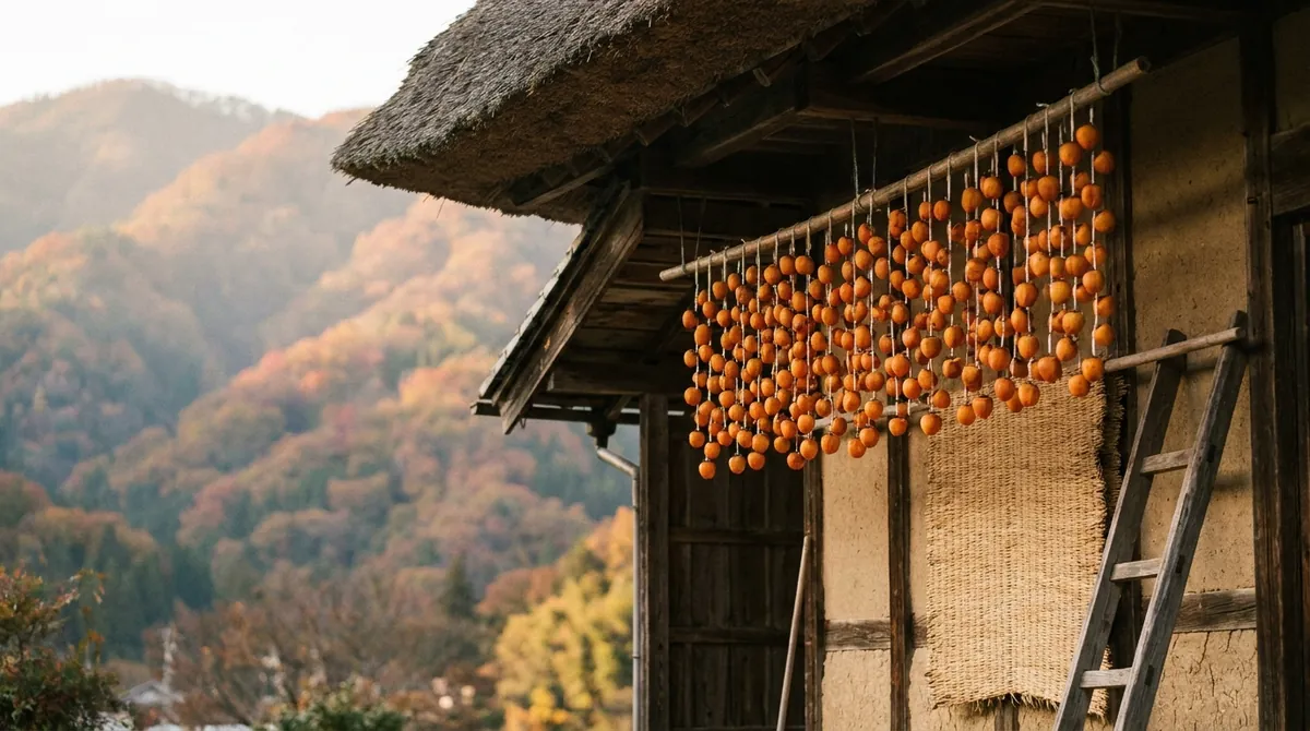奈良の里山、茅葺き屋根の軒先にびっしりと吊るされた柿すだれ