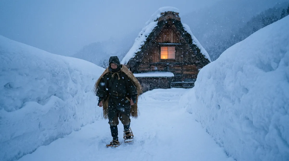 津南、降りしきる雪の中をかんじきで歩き集落の家へ向かう案内人