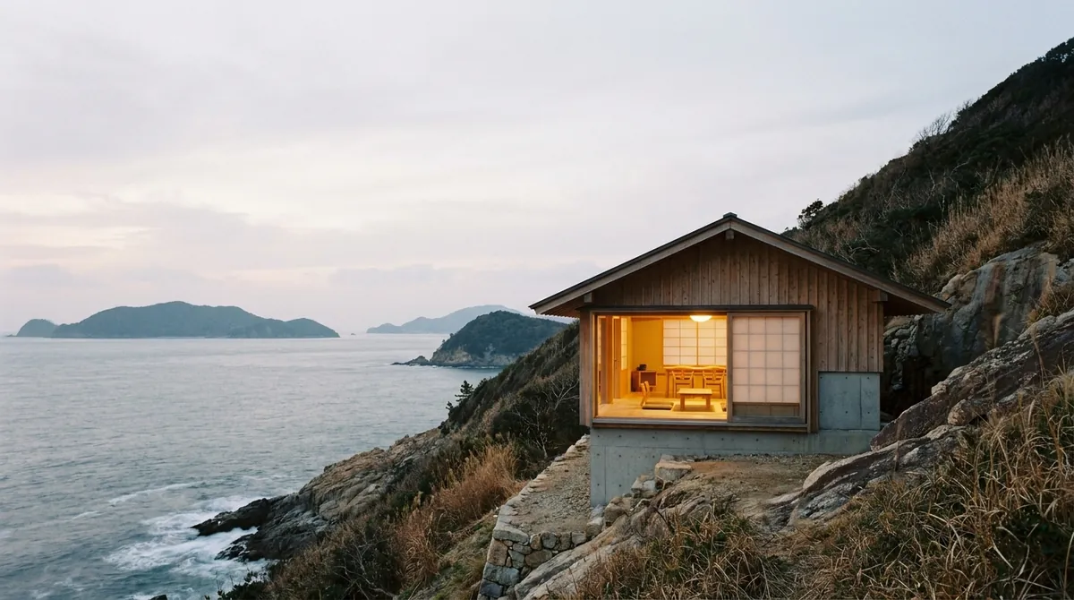 夕暮れに染まる直島の住宅と石垣の中庭