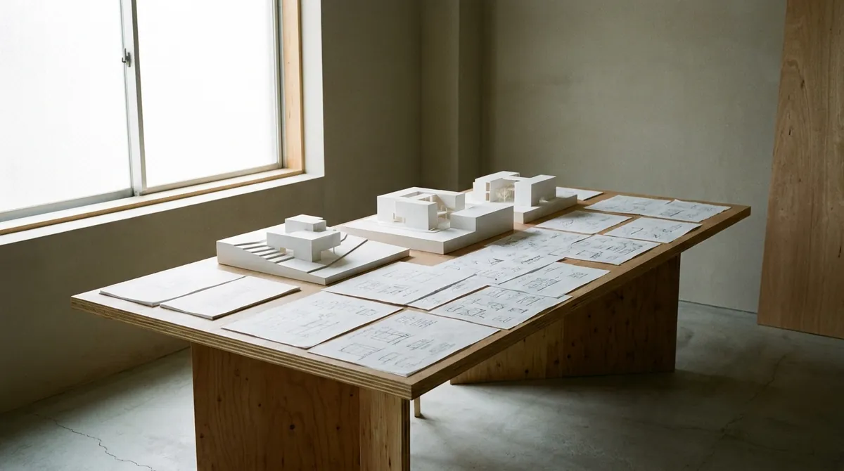 柔らかな朝の光が差す建築模型の並ぶスタジオの作業台