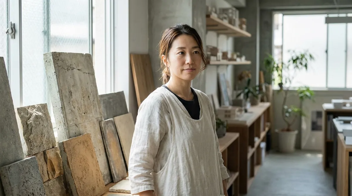 桧山奈緒のポートレート、素材サンプルの並ぶ工房で立つ様子