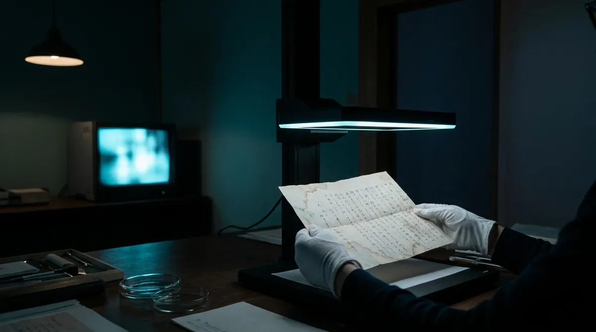 白手袋の手が赤外線スキャナーで古い手紙を読み取る様子