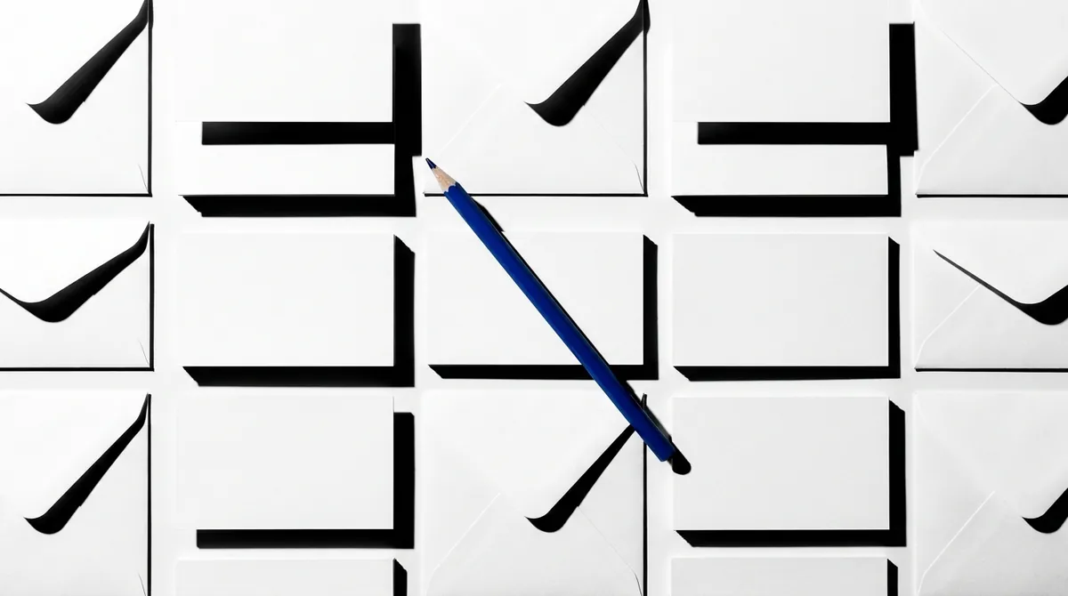 白い名刺と青い鉛筆が机の上に平置きされている写真