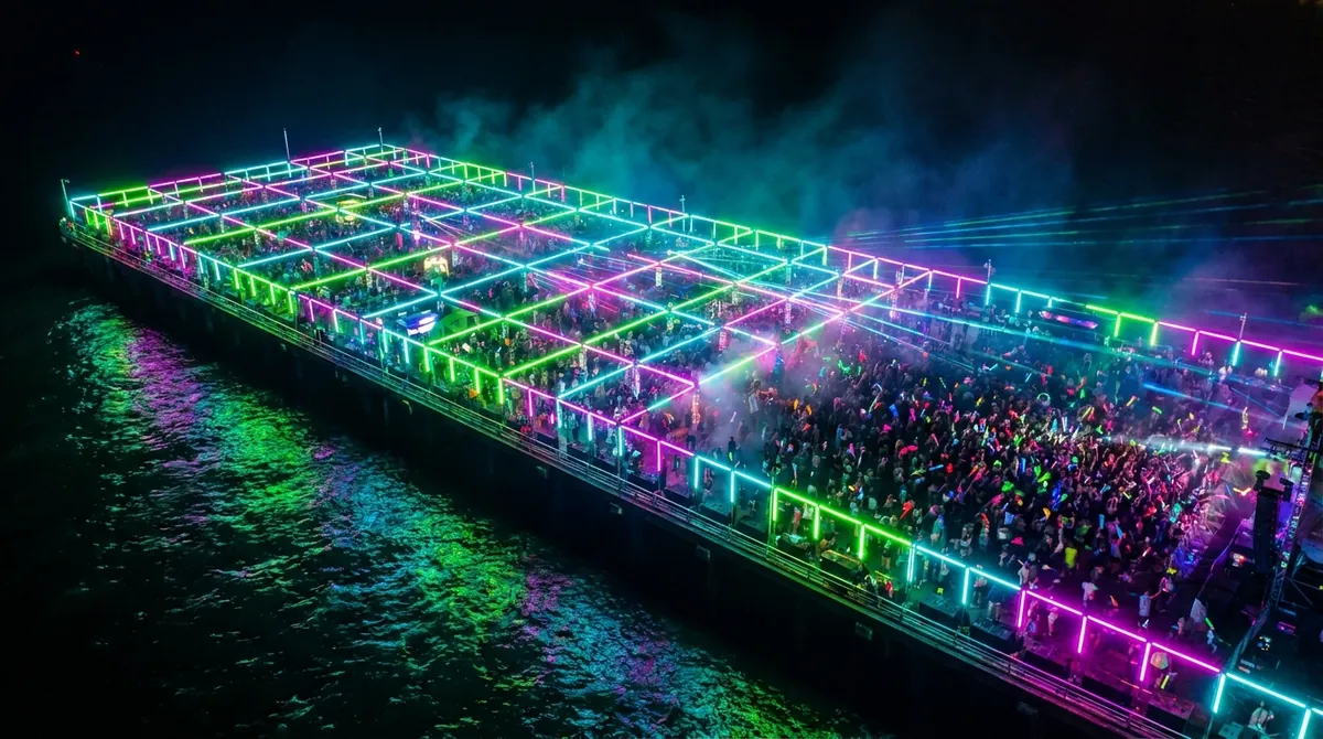 桟橋沿いに設営されたNEON TIDE会場を上空から捉えた夜景