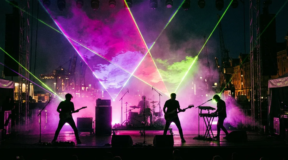 港湾クレーンを背景に演奏するNEON MONKSのライブシルエット、紫と黄緑のレーザー光