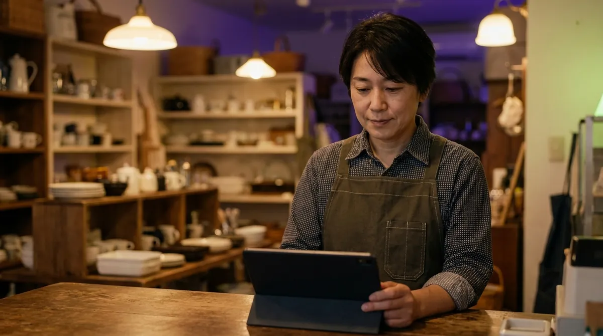 タブレットで発注状況を確認する小売店スタッフの様子(演出写真)