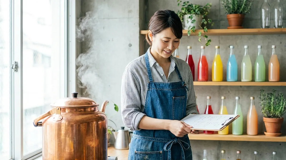 銅釜の前で仕込みの記録を確認する逢坂芽衣