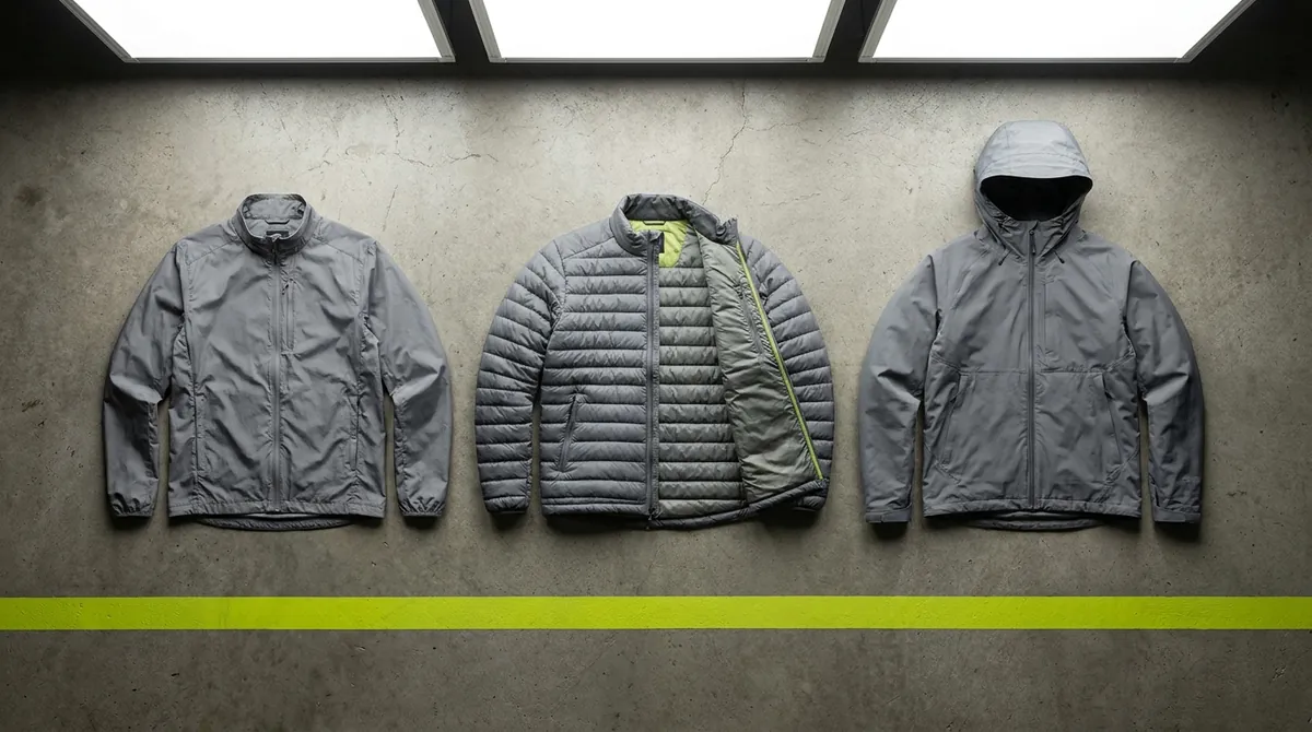 Rain shell・Transit vest・Night layerの3形態を平置きで並べた比較写真。フード・袖の着脱パーツが分かる。