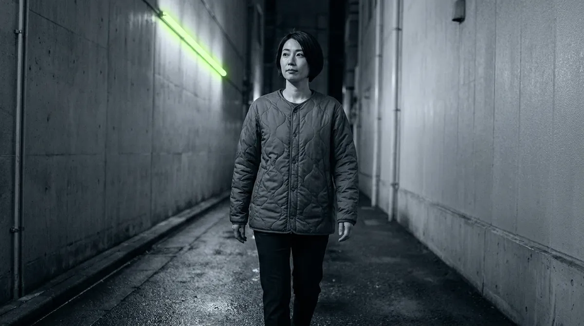 ライナーのみを羽織り、フードを外して夜の路地を歩く女性の着用カット。