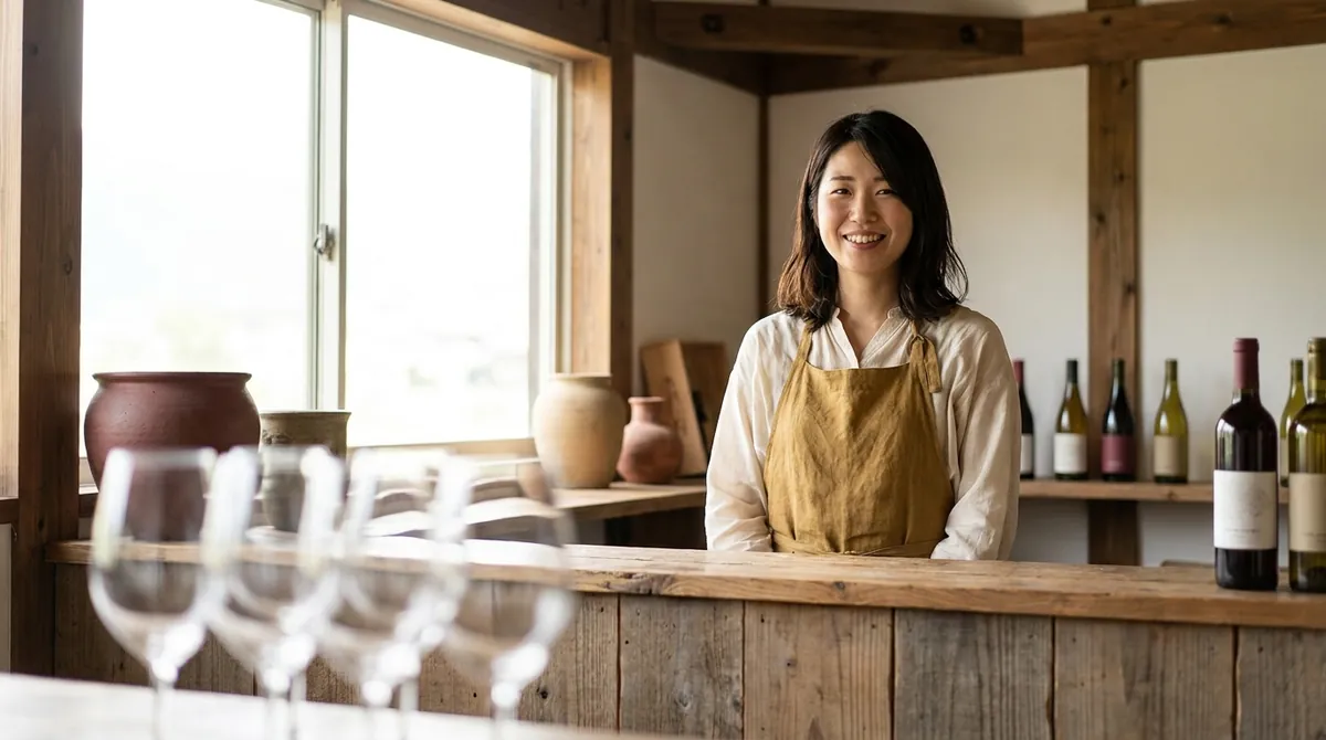 テイスティングルームのカウンターで微笑む深津茜のポートレート